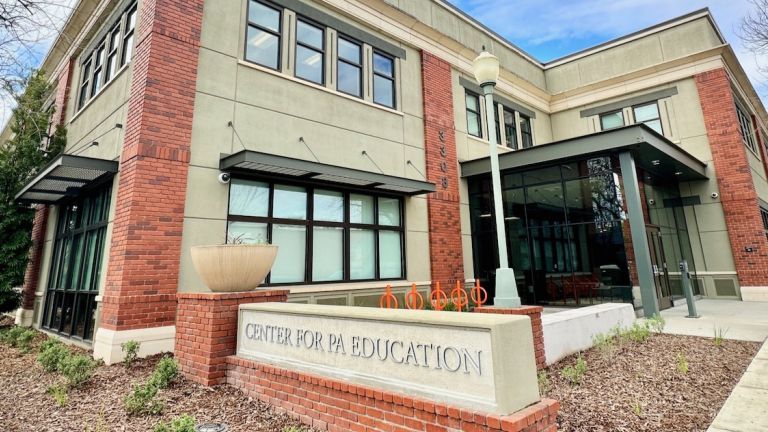 Photo shows the exterior of the CPAE building on the Sacramento campus of University of the Pacific.