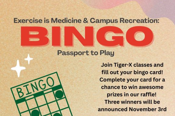Exercise is Medicine (EIM) and Campus Recreation are teaming up for Bingo: Passport to Play, running from October 1st–31st at the Baun Fitness Center. Students can participate by joining Tiger X classes and filling out their bingo cards. Completed cards will be entered into a raffle for a chance to win prizes, with three winners announced on November 3rd. The event is free and open to all current Pacific students.
