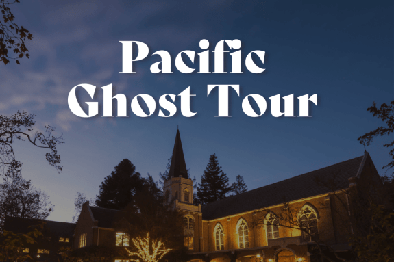 Morris Chapel at night with white text saying "Pacific Ghost Tour"