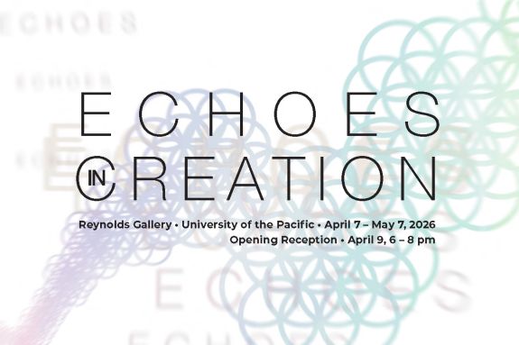 Pale green and purple geometric forms float behind text 