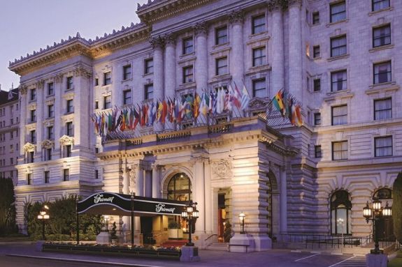 san francisco fairmont front of building at dusk