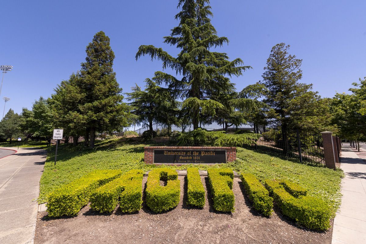 Pacific spelled in greenery on campus entrance