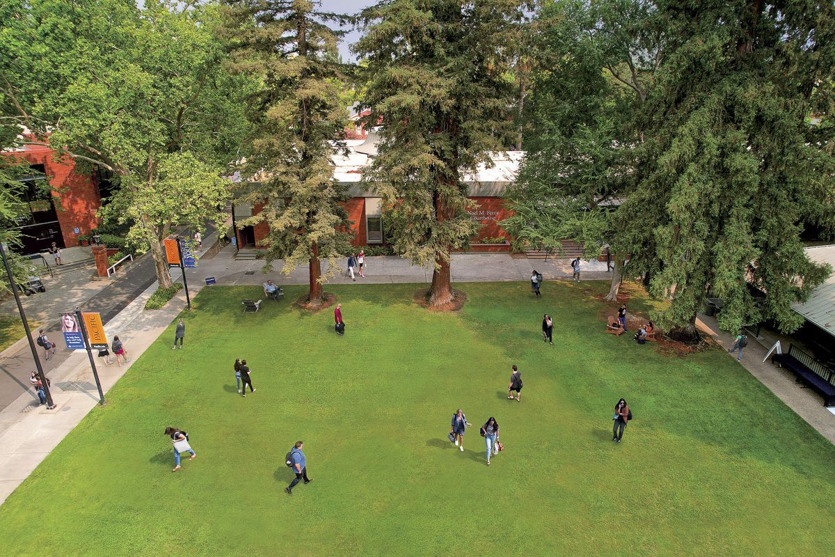 An over-head shot of the Quad at the Sacramento Campus