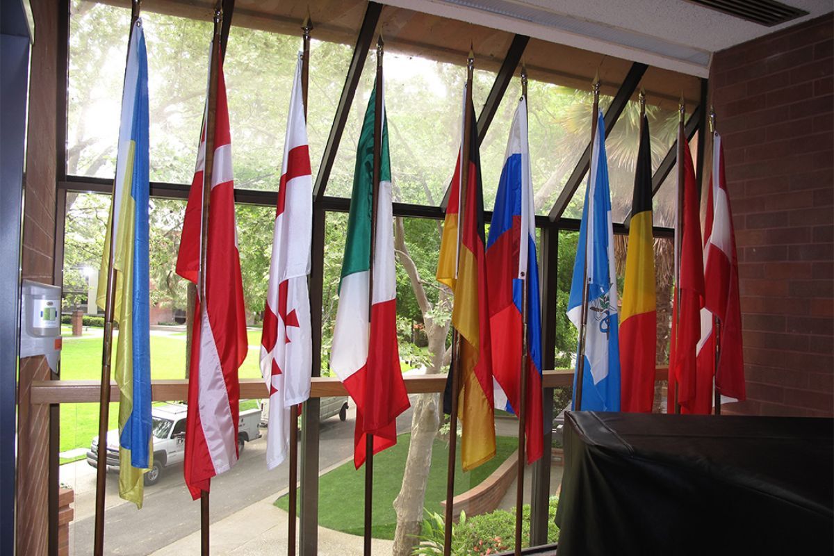 flags on the second floor of Northwest Hall