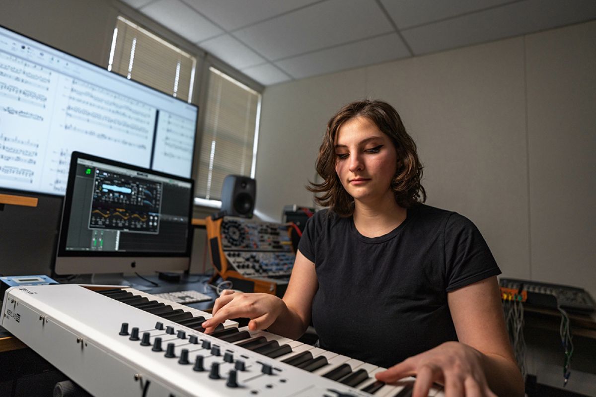 Music composition major working in a studio