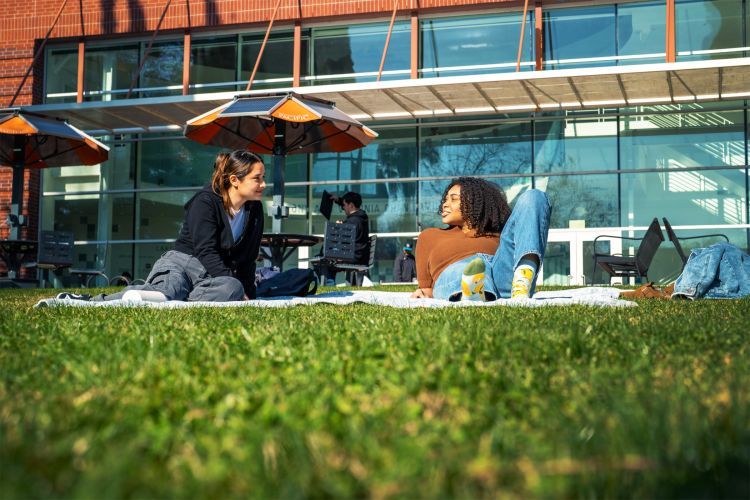 students lay on the grass