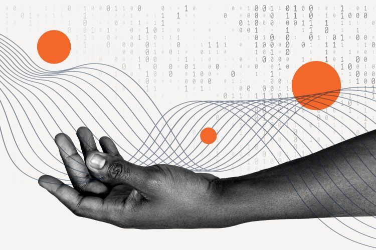 Illustration of an arm holding a wave with binary numbers in the background