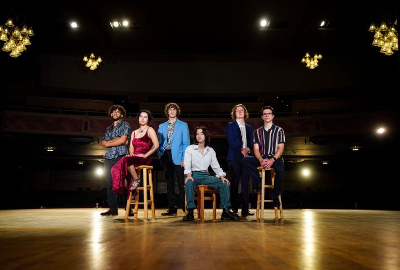 From left to right: From left to right: Marwan Ghonima '24 (upright and electronic bassist), Gianna Pedregon ’24 (violinist), Leo Milano ’26 (tenor saxophonist), Aimee Macdonald '26 (saxophonist), Samson Hulett '24 (drummer) and alumnus Toby Keys '22 (pianist). 