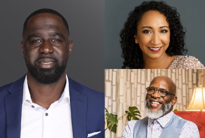 a montage of images showing three people