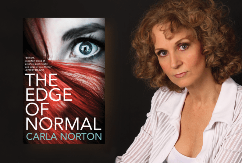 Carla Norton beside her book cover