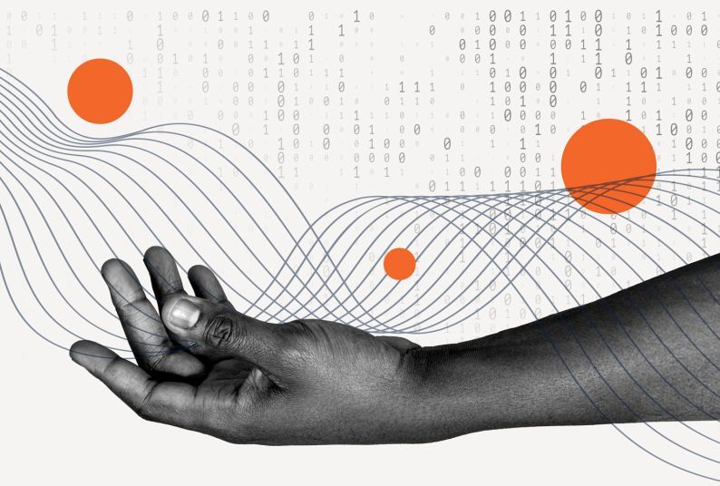 Illustration of an arm holding a wave with binary numbers in the background