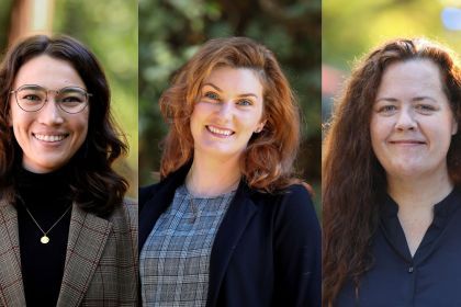 Three portraits of women outside, smiling at the camera. 