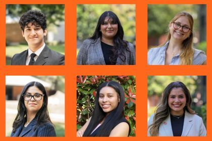 A photo collage of six people. Each person is smiling at the camera.