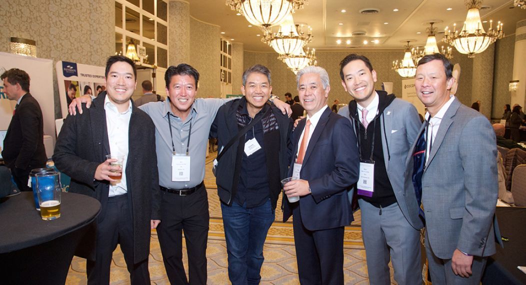 six males standing in a line across horizontally at San Francisco Fairmont for 2025 Dugoni Alumni Weekend